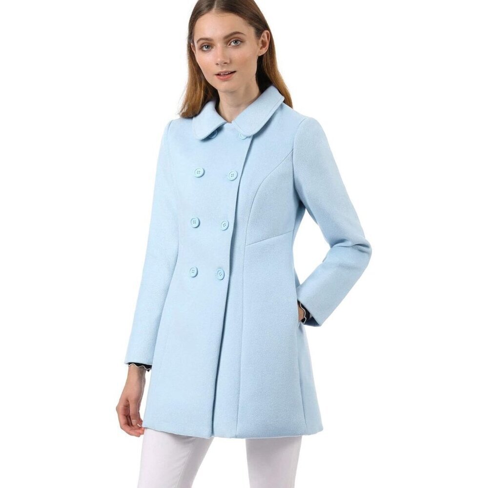 🆕Women's Blue Peter Pan Collar Double Breasted Winter Long Trench Pea Coat
